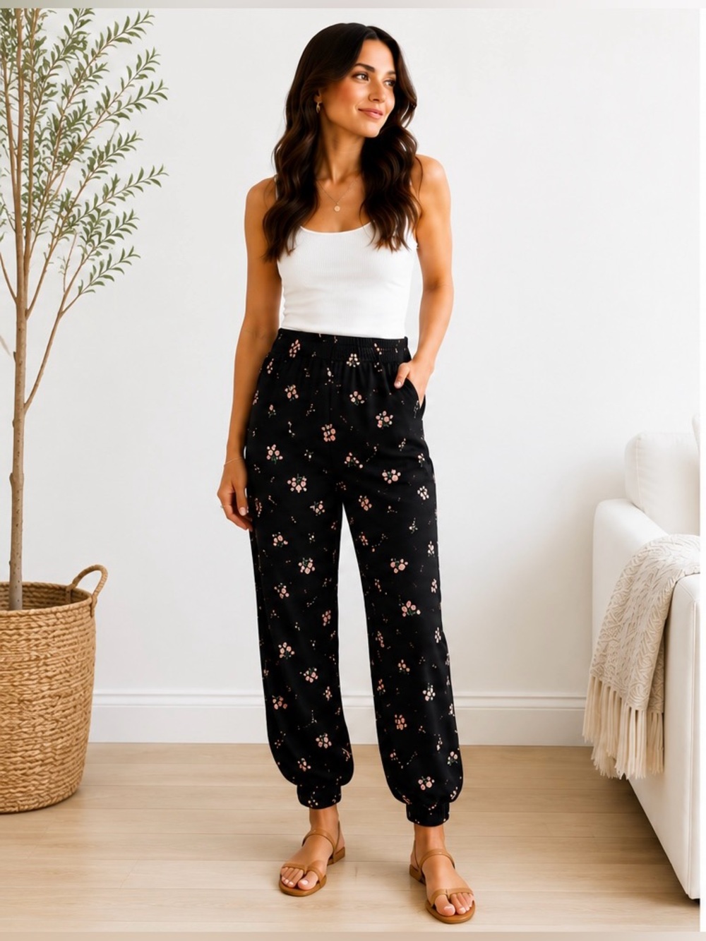 14th & Union Black Floral Jogger Pants | Floral Print | Side Pockets | Size L - Picture 3 of 8